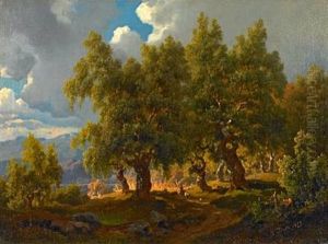 Norwegian Summer Landscape With A Shepherd Walking Under The Shade Of The Trees Norwegian Summer Landscape With A Shepherd Walking Under The Shade Of The Trees