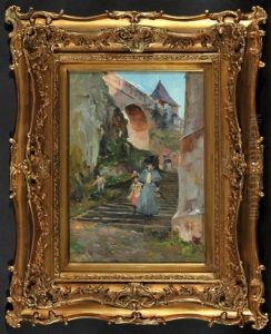 Frau Mit Madchen Am Stufenaufgang Zur Burg