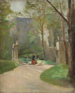 Mother And Children In Parisian Park by Paul De Frick