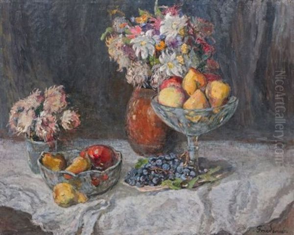 Stilleben Mit Fruchten Und Sommerblumenstraus - view 1