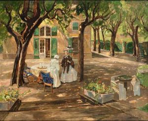 Gedeckter Kaffeetisch Im Halbschatten Der Baume Mit Biedermeierlicher Figurenstaffage Gedeckter Kaffeetisch Im Halbschatten Der Baume Mit Biedermeierlicher Figurenstaffage