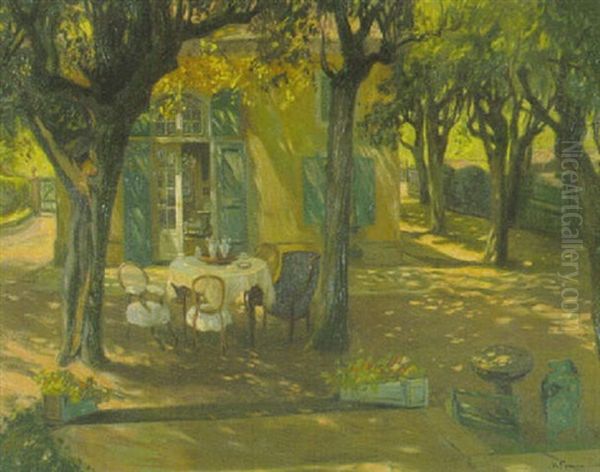 Mutters Garten. Gedeckter Kaffeetisch Im Halbschatten Der Baume Vor Dem Landhaus - view 1