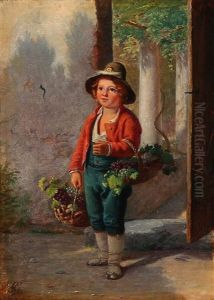 A Little Boy At A Doorway With Baskets Of Grapes