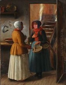 Kitchen Interior With A Amager Woman Selling Vedgetables To A Maid