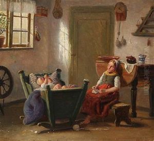 Country Interior With A Sleeping Nanny And A Playing Child In The Crib by Julius Friedlaender