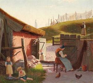 Kvinder Og Born I Et Fiskerleje, En Gammel Kone Boder Garn, En Lille Piger Ser Sit Snit Til At Stikke Af