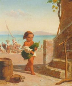 Parti Fra En Italiensk Kystby, I Forgrunden En Lille Dreng Med Et Stort Graeskar I Favnen by Julius Friedlaender