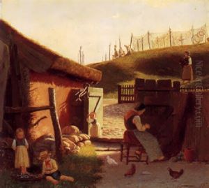 Exterior Fra Fiskerhytte Med Legenden Born Og Kvinder Der Ordner Garn