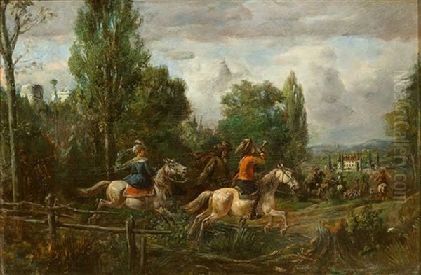 Jagdgesellschaft Zu Pferd In Hugeliger Landschaft Mit Schlosshintergrund - view 1