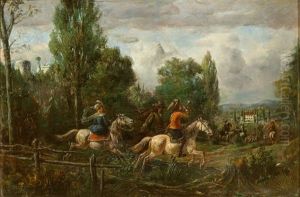 Jagdgesellschaft Zu Pferd In Hugeliger Landschaft Mit Schlosshintergrund by Alfred Ritter von Malheim Friedlaender