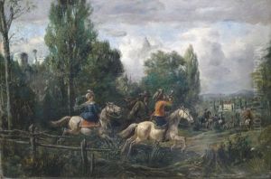 Eine Jagdgesellschaft Nahert Sich Einem Schloss by Alfred Ritter von Malheim Friedlaender