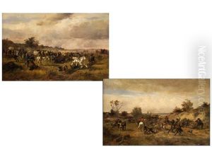 Reitergefecht (+ Fluchtende Bauern Werden Von Soldaten Uberfallen; Pair) by Alfred Ritter von Malheim Friedlaender
