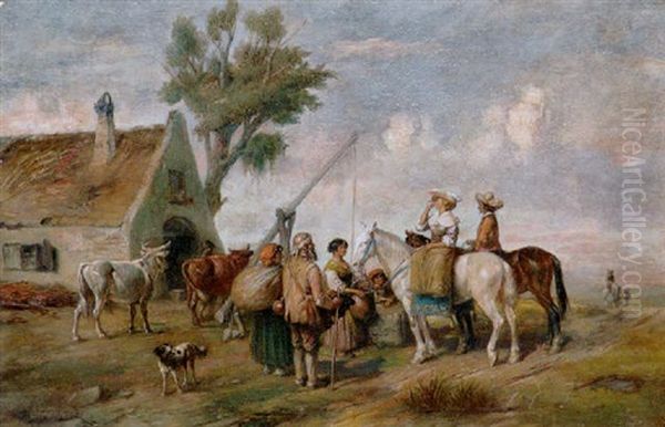 Rastendes Reiterpaar Vor Einem Bauernhaus Mit Pferdetranke - view 1