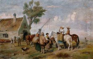 Rastendes Reiterpaar Vor Einem Bauernhaus Mit Pferdetranke