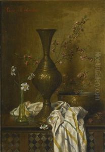 Still Life With Oriental Objects And A Glass Vase With Flowers by Camilla Edle von Malheim Friedlaender