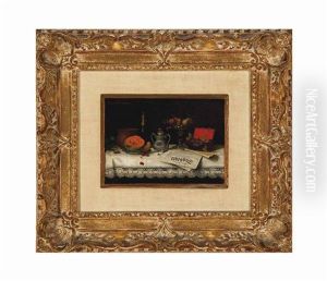 Still Life With Melon, Champagne Bottle And Fruit Stand On A Table by Camilla Edle von Malheim Friedlaender