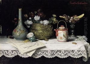 Auf Weiser Spitzendecke Glaserne Tazza Mit Leckereien, Japanischer Teekanne Und Vase, Metall-cachepot Mit Blumen, Notenblattern, Meeresschnecke by Camilla Edle von Malheim Friedlaender