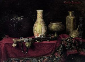 Orientalisches Stilleben Mit Steinschlosspistole, Kukri, Satsuma-vase, Distelbluten In Bronze-cachepot Und Verschiedenen Geratschaften by Camilla Edle von Malheim Friedlaender