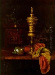 A Shell, Peacock Feather, Book And A Silver-gilt Cup And Cover On A Table by Camilla Edle von Malheim Friedlaender