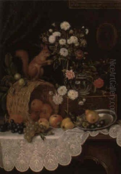 Still Life With Flowers, Fruit, And Squirrel by Camilla Edle von Malheim Friedlaender