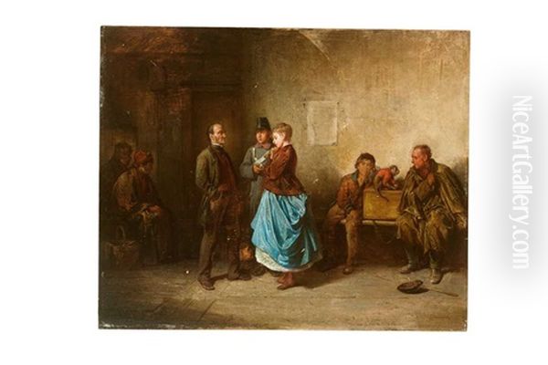 In Der Gendarmerie Wird Eine Hubsche Junge Frau Einem Alteren Herren Vorgefuhrt; Zwischen Beiden Ein Gendarm, Dessen Fragender Blick Dem Herrn Gilt, Wahrend Er Mit Seiner Rechten Auf Das Madchen Deutet - view 1