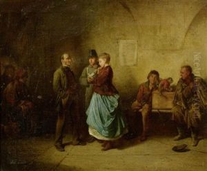 Vater Und Tochter Mit Einem Soldat In Einem Interieur by Friedrich V. Malheim Friedlaender