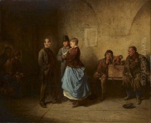Die Befragung Einer Jungen Frau, Im Hintergrund Schausteller Mit Affchen by Friedrich V. Malheim Friedlaender