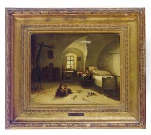 Children At Play With Their Mother And A Kitten In An Interior by Friedrich V. Malheim Friedlaender