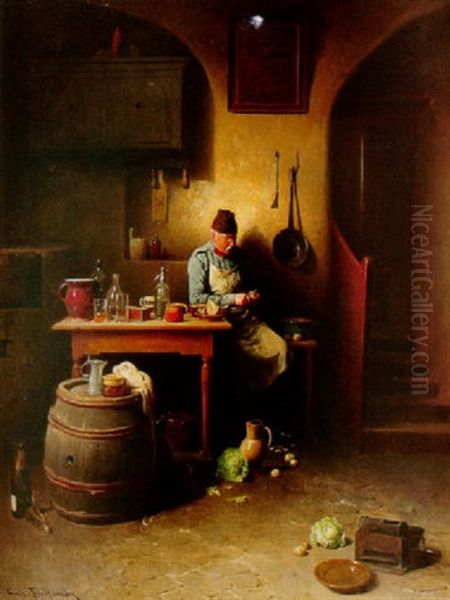 A Kitchen Interior With A Man Peeling Vegetables - view 1