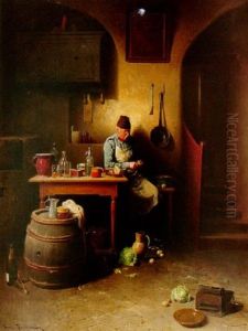 A Kitchen Interior With A Man Peeling Vegetables