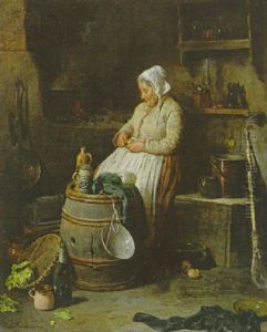 Alte Bauerin Beim Kartoffelschalen In Der Kuche Bei Der Offenen Feuerstelle by Friedrich V. Malheim Friedlaender