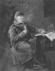 Rauchender Reservist Mit Einer Zeitung Und Einem Bierkrug