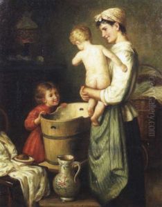 Interior Scene Of A Mother Bathing Her Children