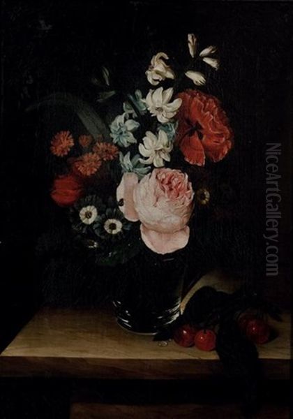 Fleurs Dans Un Verre Sur Un Entablement Avec Des Cerises - view 1