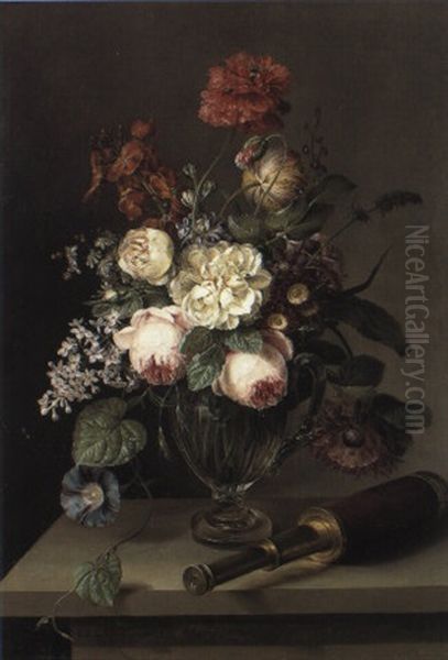 Still Life Of Flowers In Vase With Telescope On Table - view 1