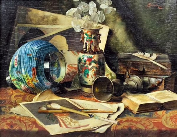 Still Life - Chinese Vase, Lantern, Chalice, Painting And Open Book - view 1