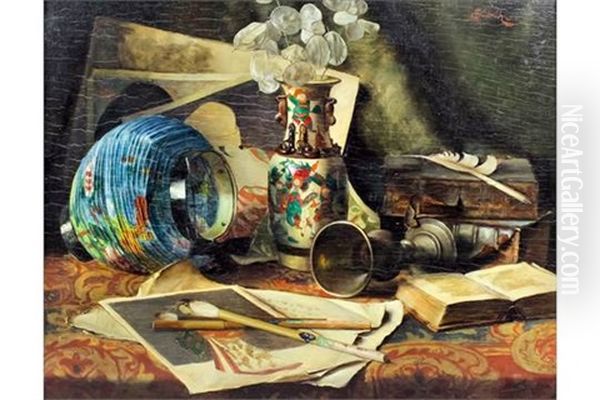 Still Life - Chinese Vase, Lantern, Chalice, Painting And Open Book - view 1