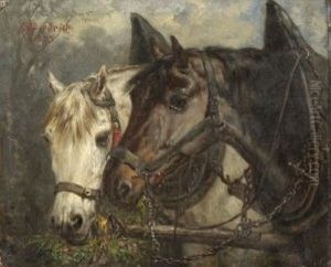 Zwei Pferde An Der Futterkrippe by Gustav Adolf Friedrich