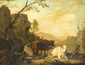 Felsige Ideallandschaft Mit Viehstaffage Und Einem Jungen Hirten, Der Ein Schlafendes Lamm In Seinem Schos Halt Felsige Ideallandschaft Mit Viehstaffage Und Einem Jungen Hirten, Der Ein Schlafendes Lamm In Seinem Schos Halt
