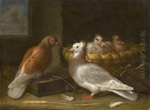 Ein Taubenpaar Mit Zwei Kuken In Ihrem Nest In Einem Weidenkorb by Johann Gottlied Friedrich