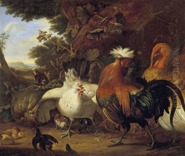 Jagdstilleben Mit Truthahn, Hahn, Henne Und Kuken Vor Landschaft - view 1