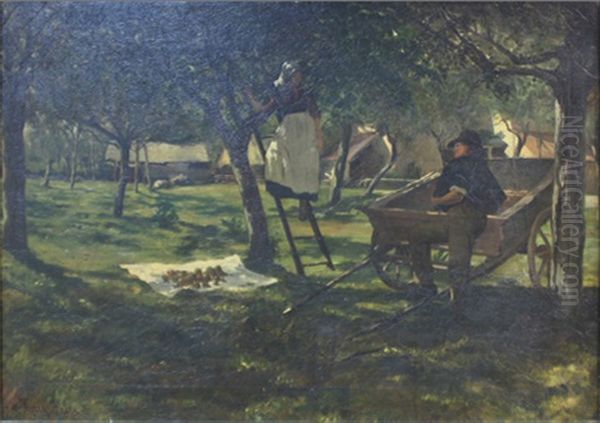 A Young Lady Descending A Ladder From An Apple Tree, Being Admired - view 1