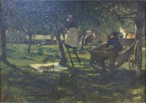 A Young Lady Descending A Ladder From An Apple Tree, Being Admired