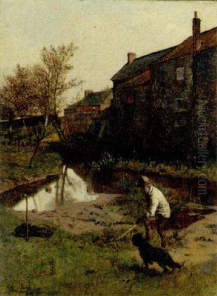 A Farmer With His Dog By A Pond - view 1