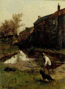 A Farmer With His Dog By A Pond by Harry Frier