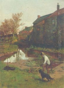 A Farmer With His Dog By A Garden Pond A Farmer With His Dog By A Garden Pond