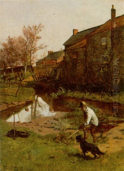 A Man With His Dog Digging Before A Mill Pond - view 1
