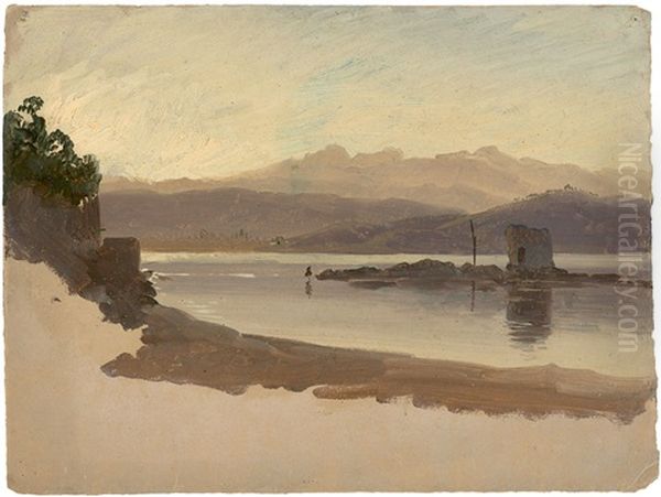 Mountainous River Landscape With Ruins On An Island - view 1