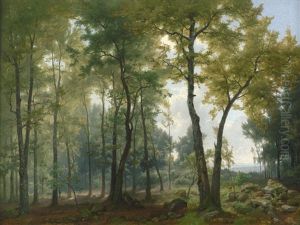Blick Auf Eine Waldlichtung Mit Einem Jager Und Zwei Rehen by Bernhard Fries