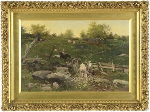 Untitled (rocky Pasture With Cattle And Rancher)